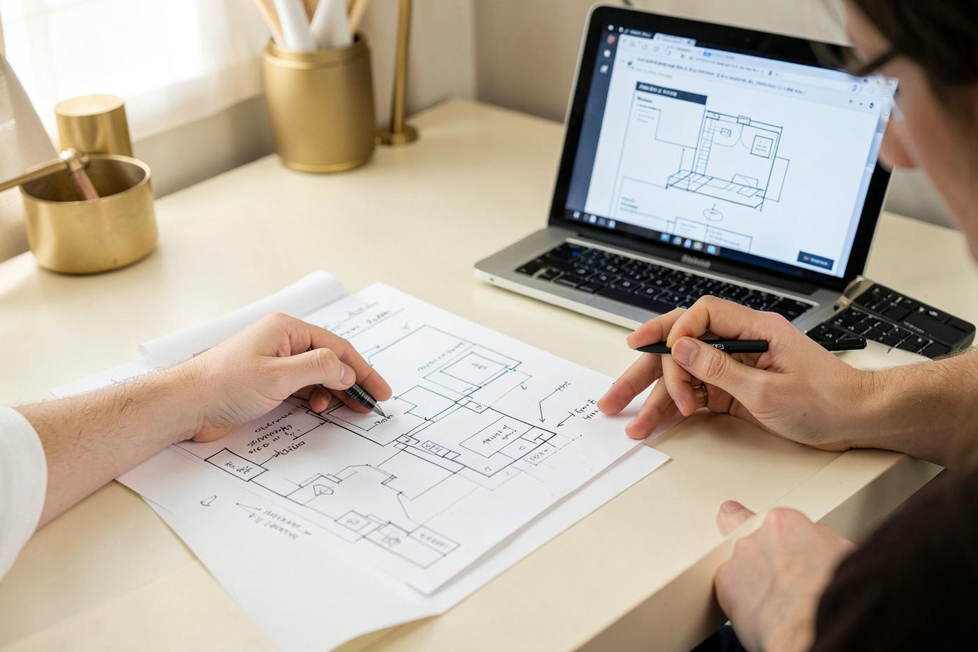 Course designer sketching a program redesign map beside a laptop