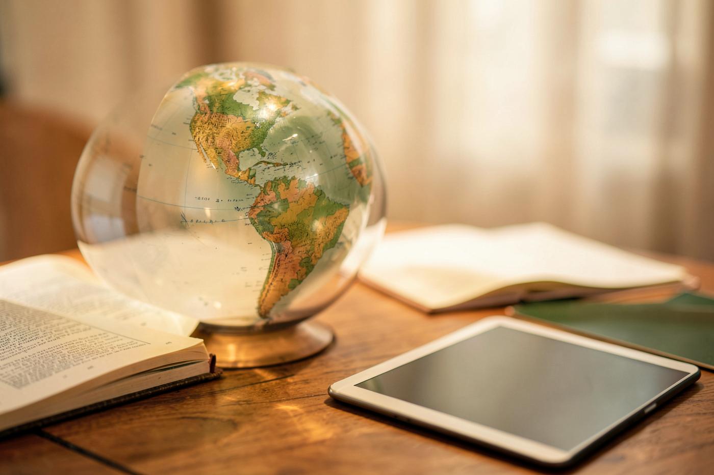 A globe beside open books and a tablet, representing global learning