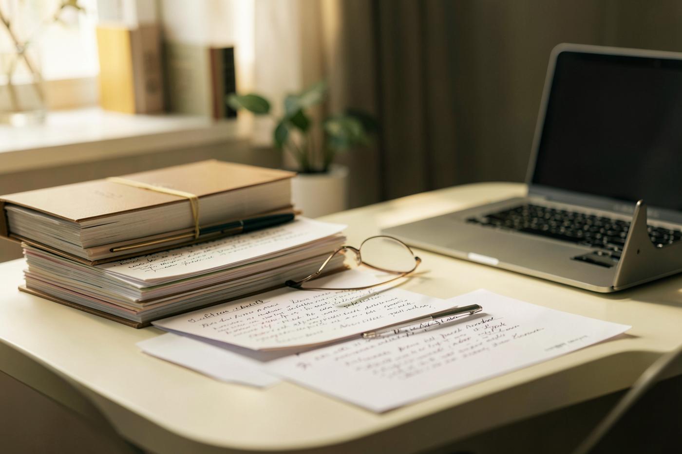 Desk with course review notes, journals, and a laptop